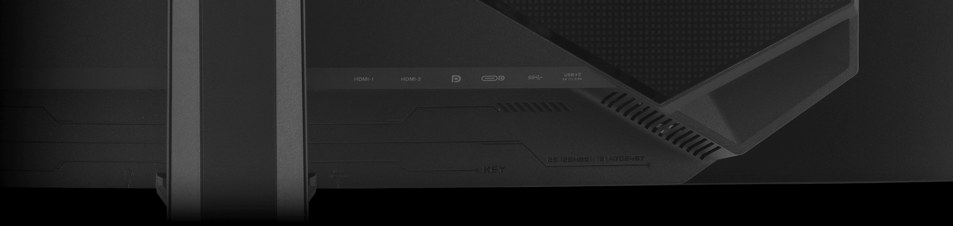 The rear panel of the XG34WCDMTG features DisplayPort 1.4, HDMI 2.1, and a USB hub.