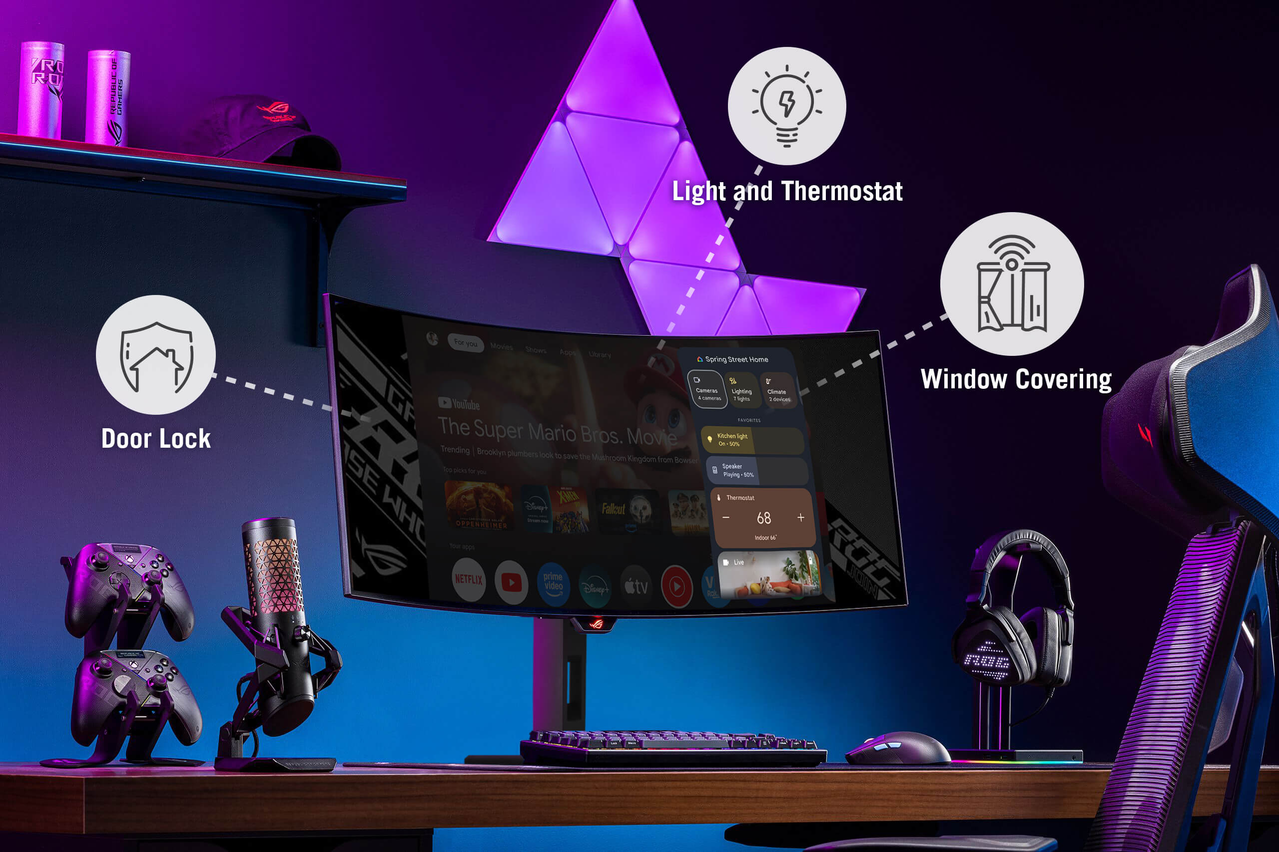 A gaming setup with ROG gaming monitor displaying the Google TV Home panel interface