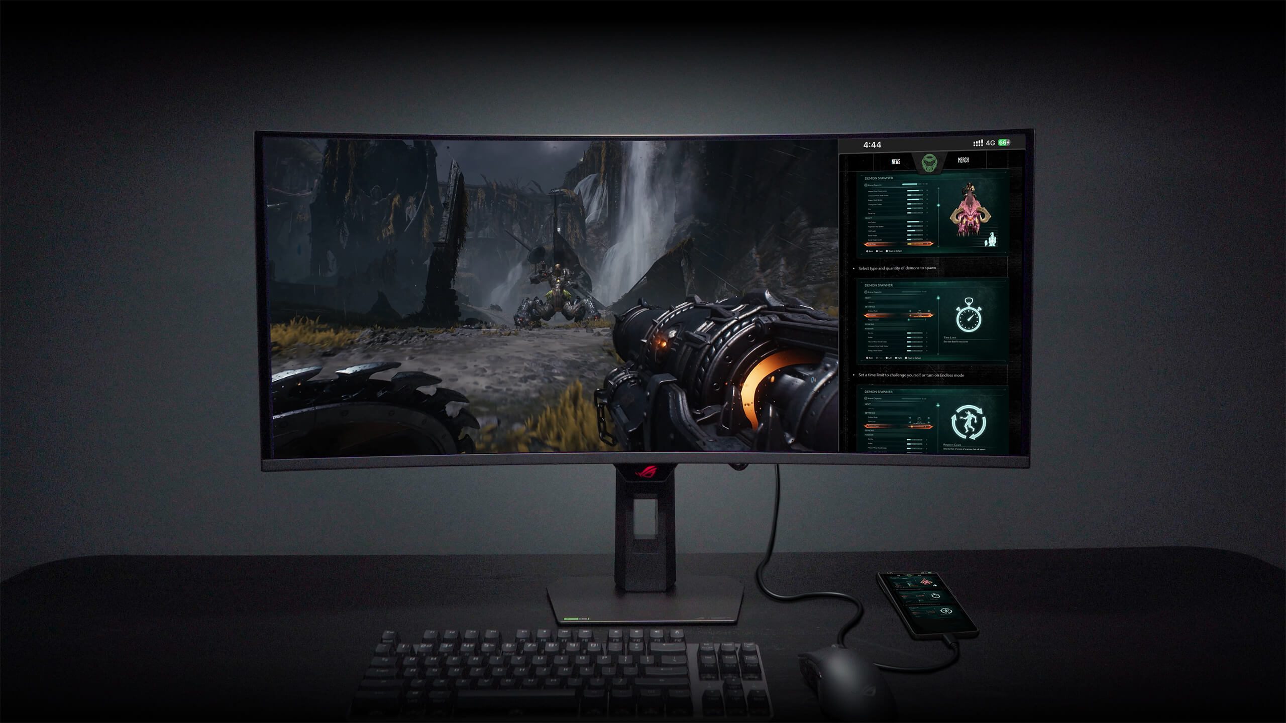 A gaming setup demonstrating a monitor feature that displays a 16:9 PC game alongside a connected mobile phone's screen content on the same display, with icons highlighting file and folder management between the two sources.