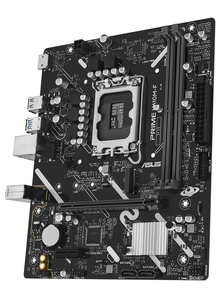 PRIME H610M-F-CSM motherboard front view, floating in space.