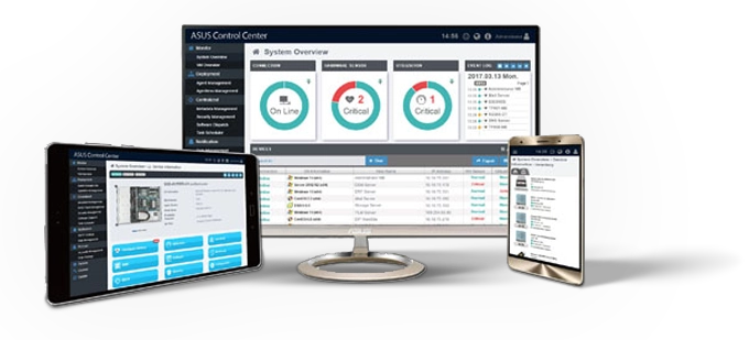 ASUS server management interface displayed on desktop, tablet, and smartphone.