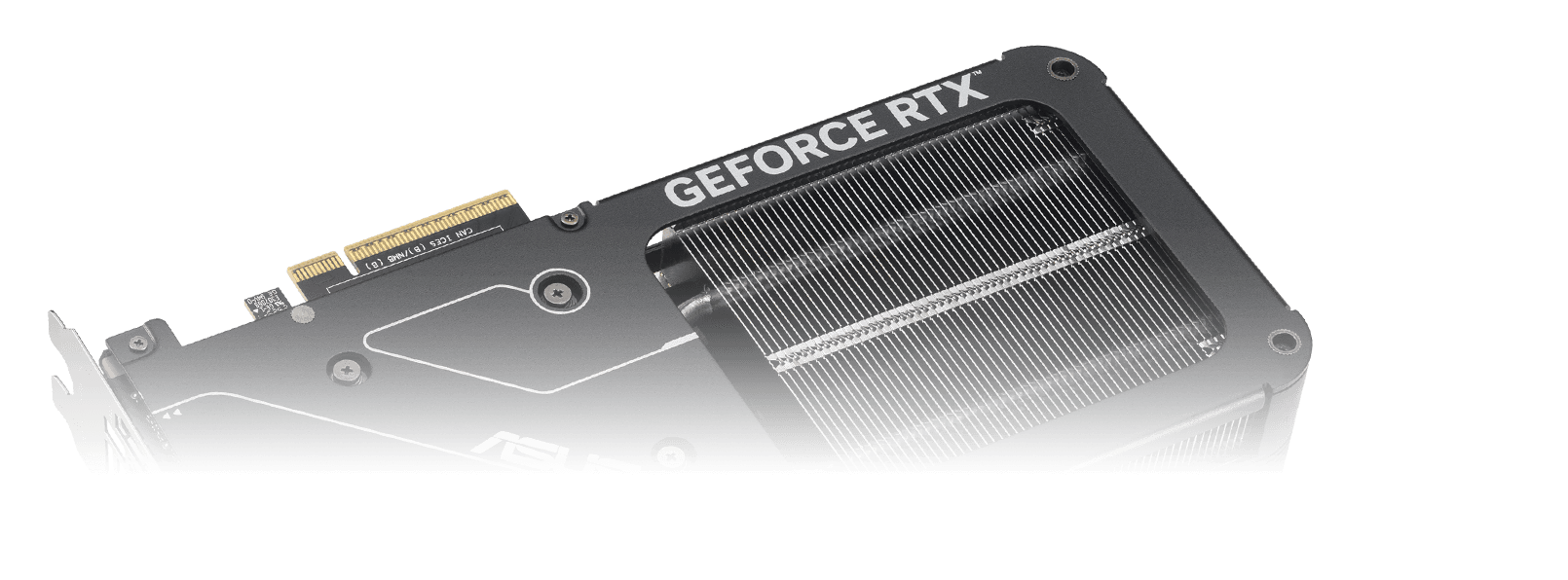 Close-up view of an ASUS graphics card's protective metal backplate, featuring a vented design for improved heat dissipation and structural durability.