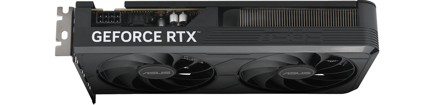 Angled top down view of the card ASUS Dual GeForce RTX 5060 Ti EVO graphics card