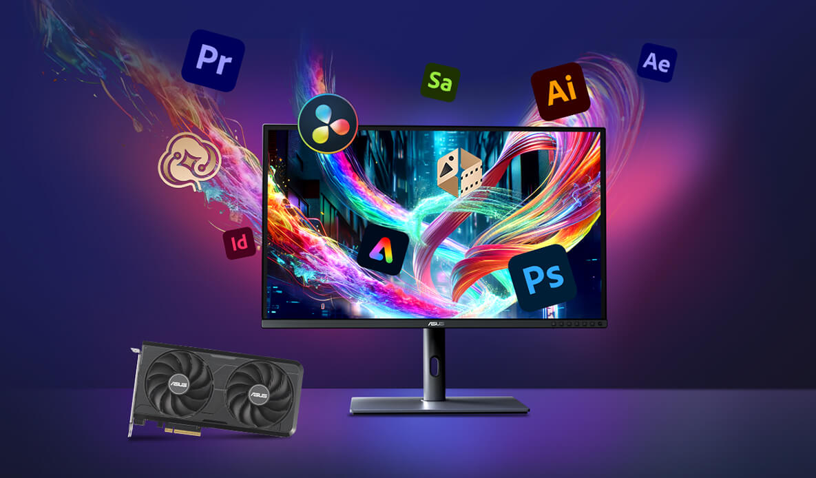 Monitor on a desk, with Adobe product logos floating around the monitor