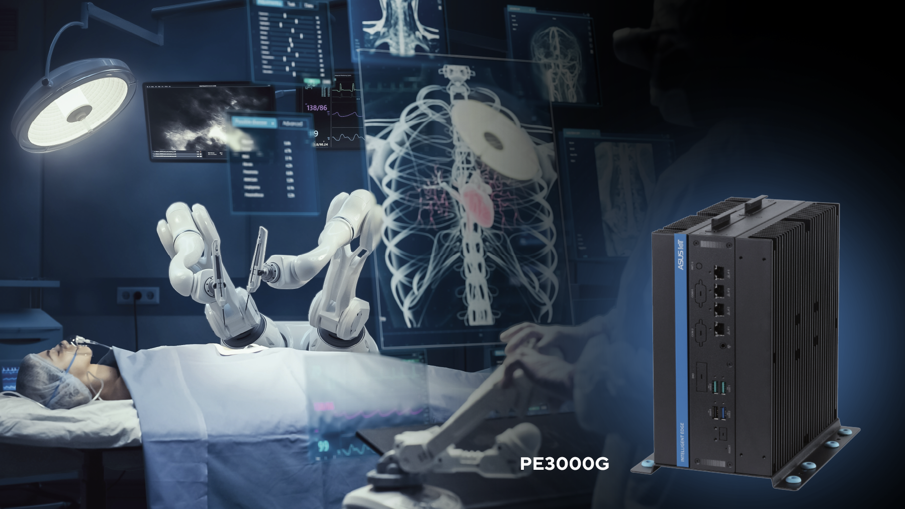 A robotic surgical system operates on a patient in an advanced operating room, with digital monitors displaying medical images. A PE3000G device is shown prominently.