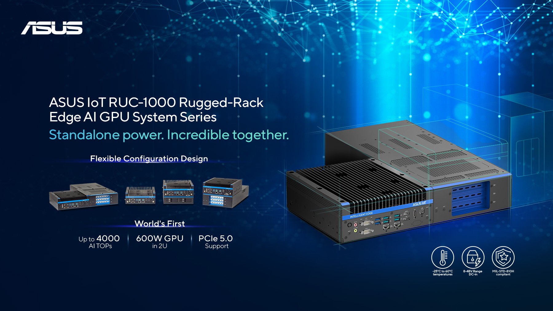 ASUS IoT RUC-1000 Rugged-Rack Edge AI GPU System Series advertisement. Features include flexible configuration design, 600W GPU in 2U, and PCIe 5.0 support. Displays product images against a digital blue background with futuristic elements and technical specifications icons.