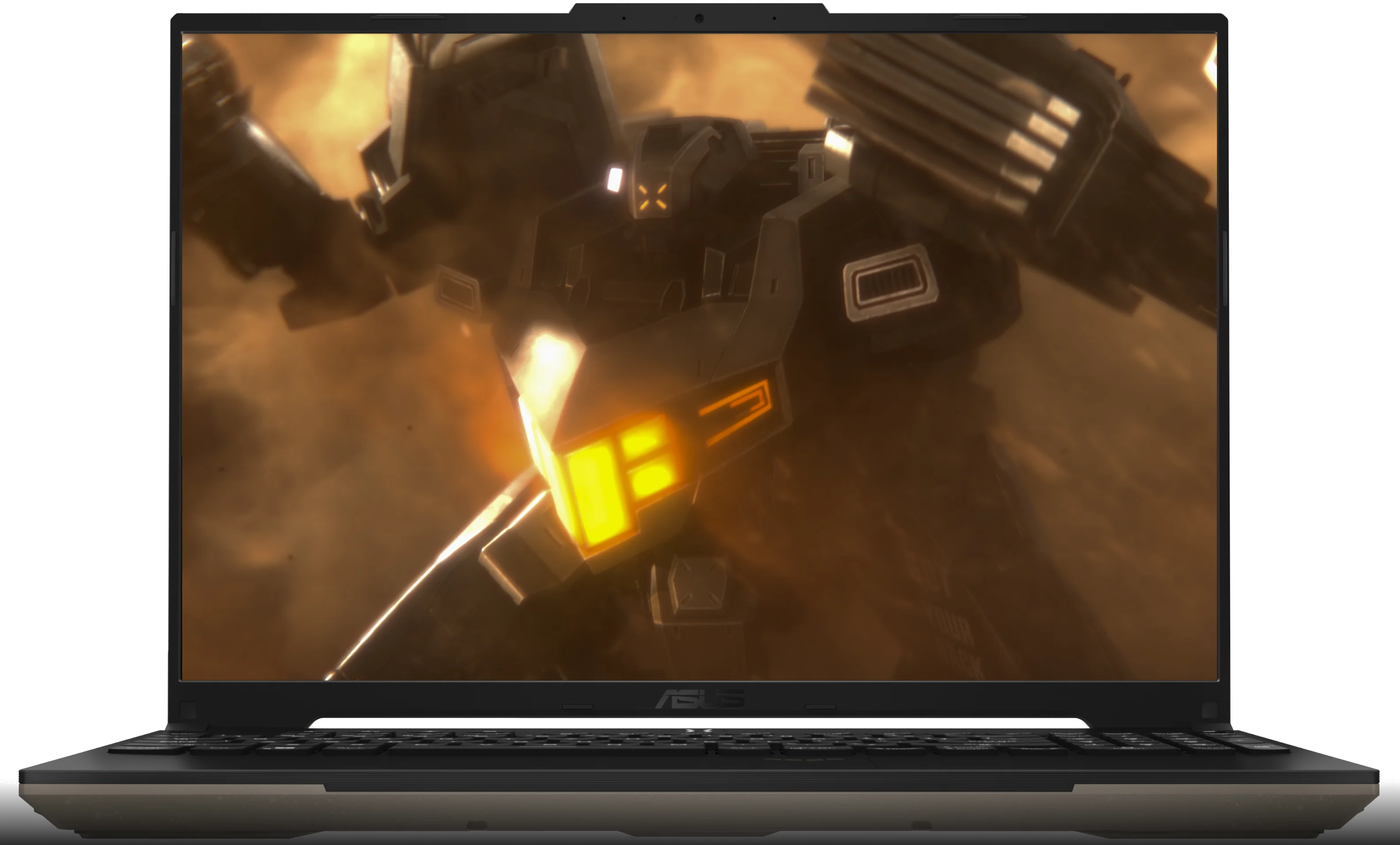 TUF Gaming A16 外蓋開啟，螢幕上顯示充滿未來感的機甲。