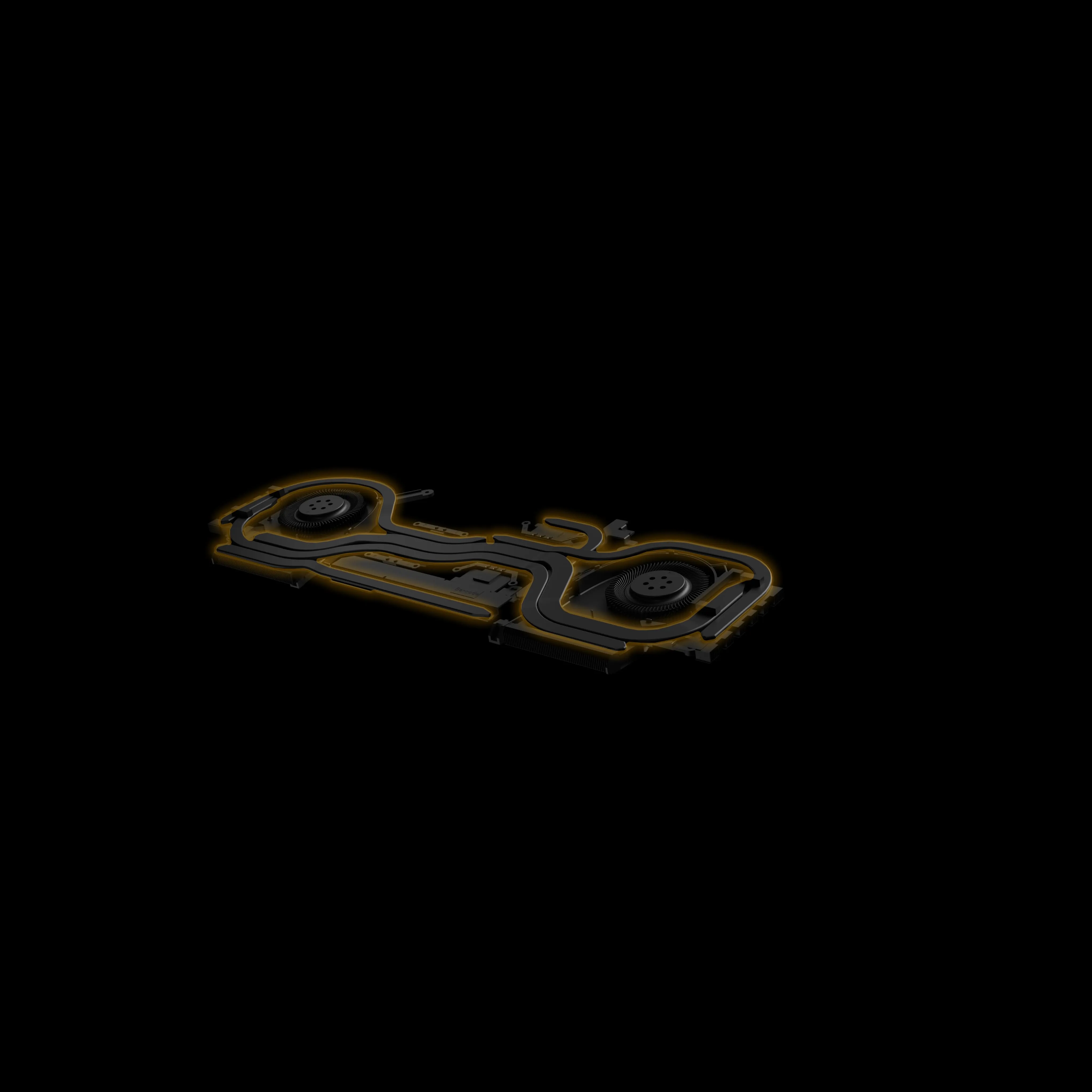 Cooling system outside of the laptop, with the heatpipe network highlighted in yellow. 