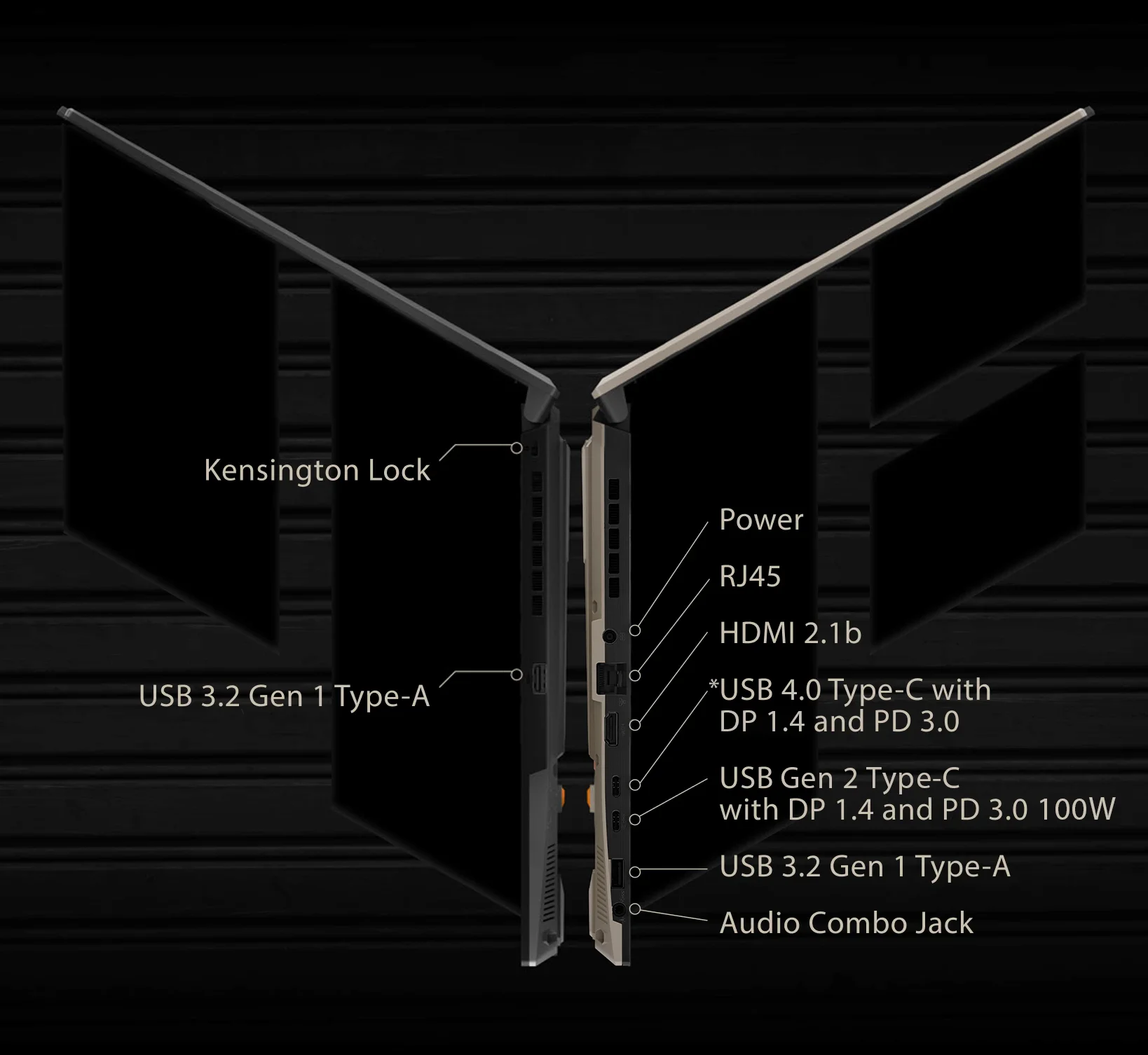 Two TUF Gaming laptops in profile, and emphasis on the I/O ports.