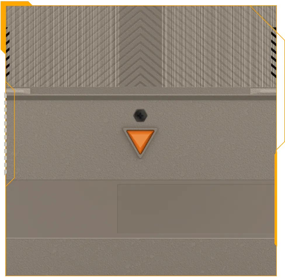 Gros plan extrême du fond du TUF Gaming A16, avec l’accent mis sur la nouvelle couleur orange brûlé des pieds en caoutchouc.