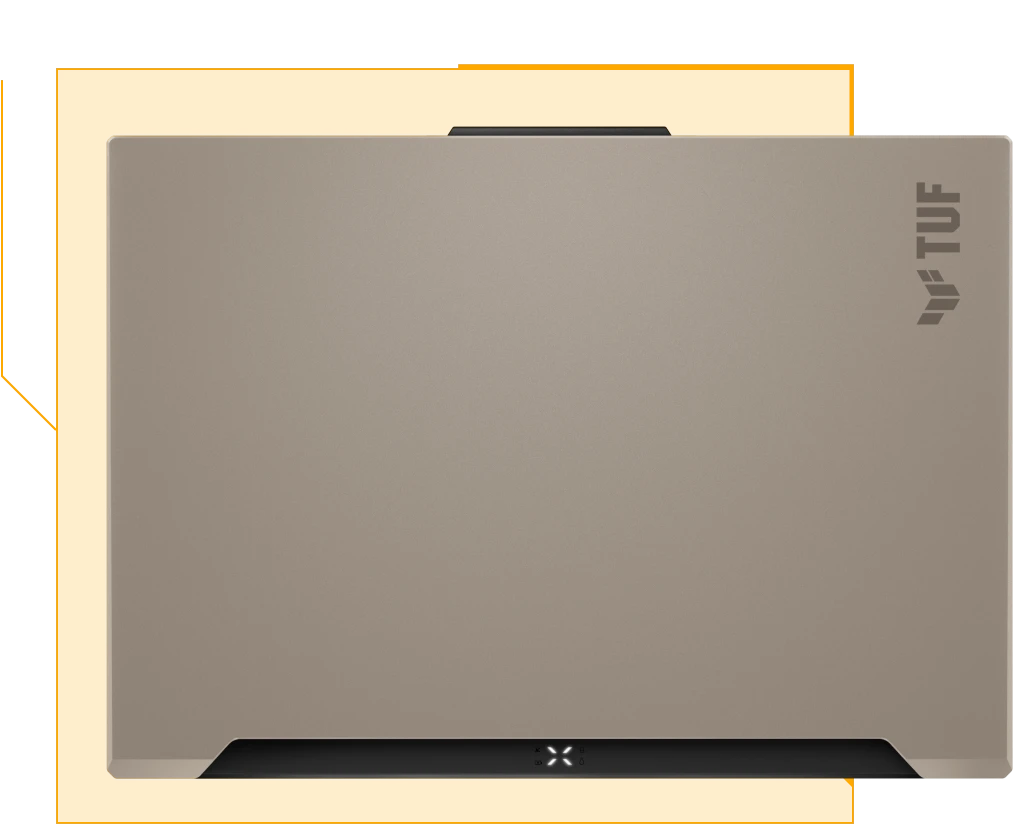 Hình ảnh nhìn từ trên xuống phần nắp của TUF Gaming A16, với màu Vàng cát mới.