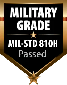 Badge avec les mots « Military Grade » et « MIL-STD 810H Passed ».