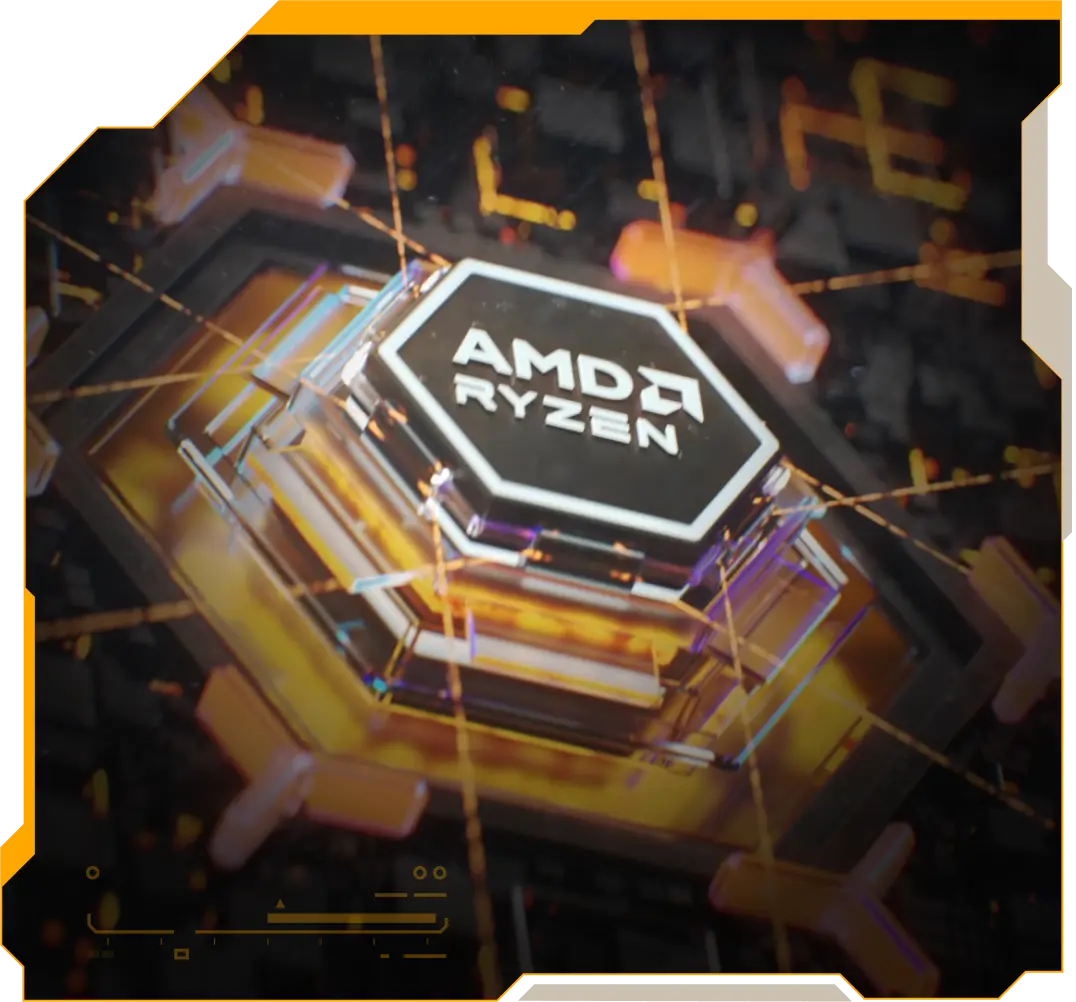 Un rendu 3D simplifié d'un processeur, orné en orange du texte « AMD RYZEN » sur le dessus.