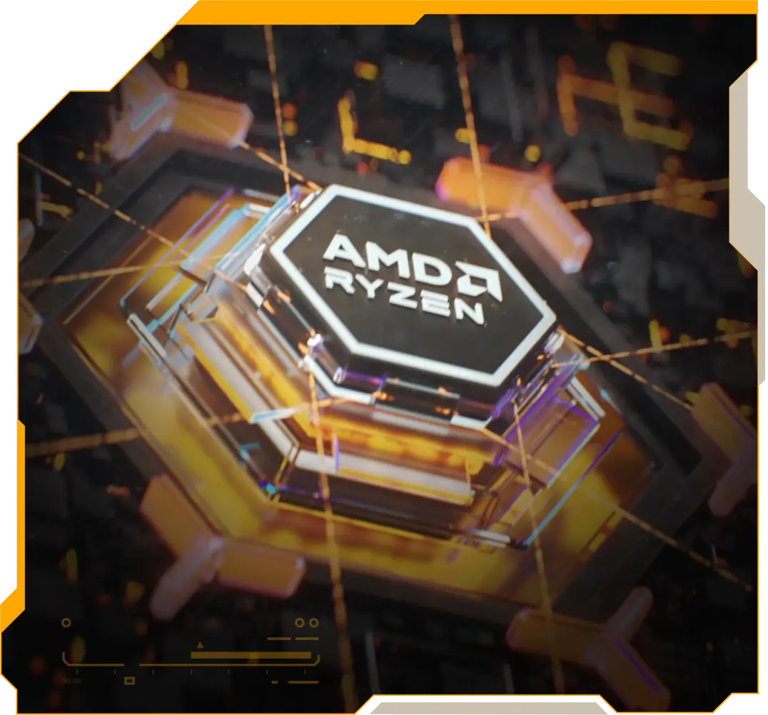 Упрощенная трехмерная модель процессора оранжевого цвета с надписью «AMD Ryzen» наверху