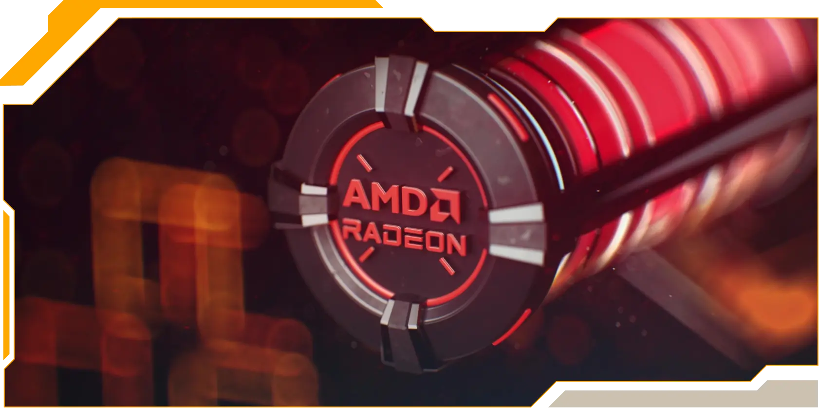 Tyylitelty 3D-kuva punaisella korostetusta näytönohjaimesta, jonka päällä lukee ”AMD RADEON”.