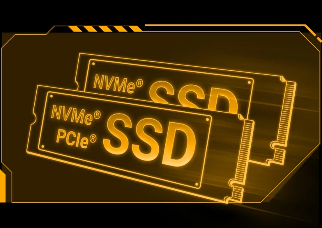 A 2D wireframe of a PCIe 4.0 NVMe SSD.
