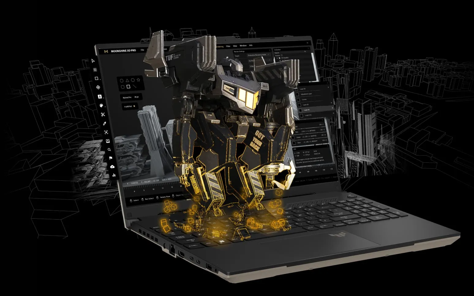 A TUF Gaming A16 with editing software open on screen, and a 3D TUF Mecha standing on the laptop and being worked on in software. 