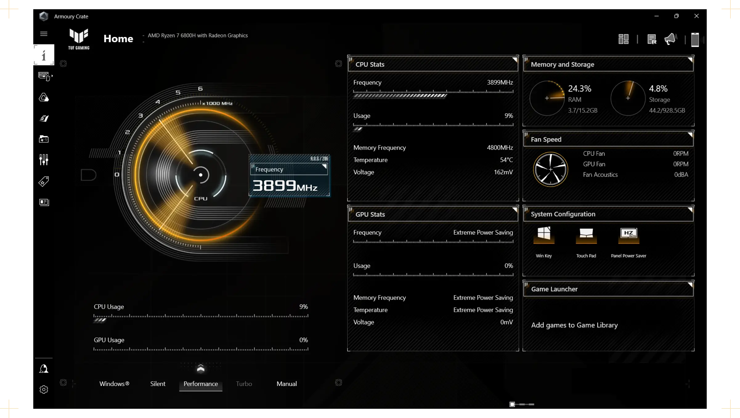 Et skærmbillede af TUF's Armoury Crate-software, der viser systemstatus og funktioner, der kan slås til og fra.