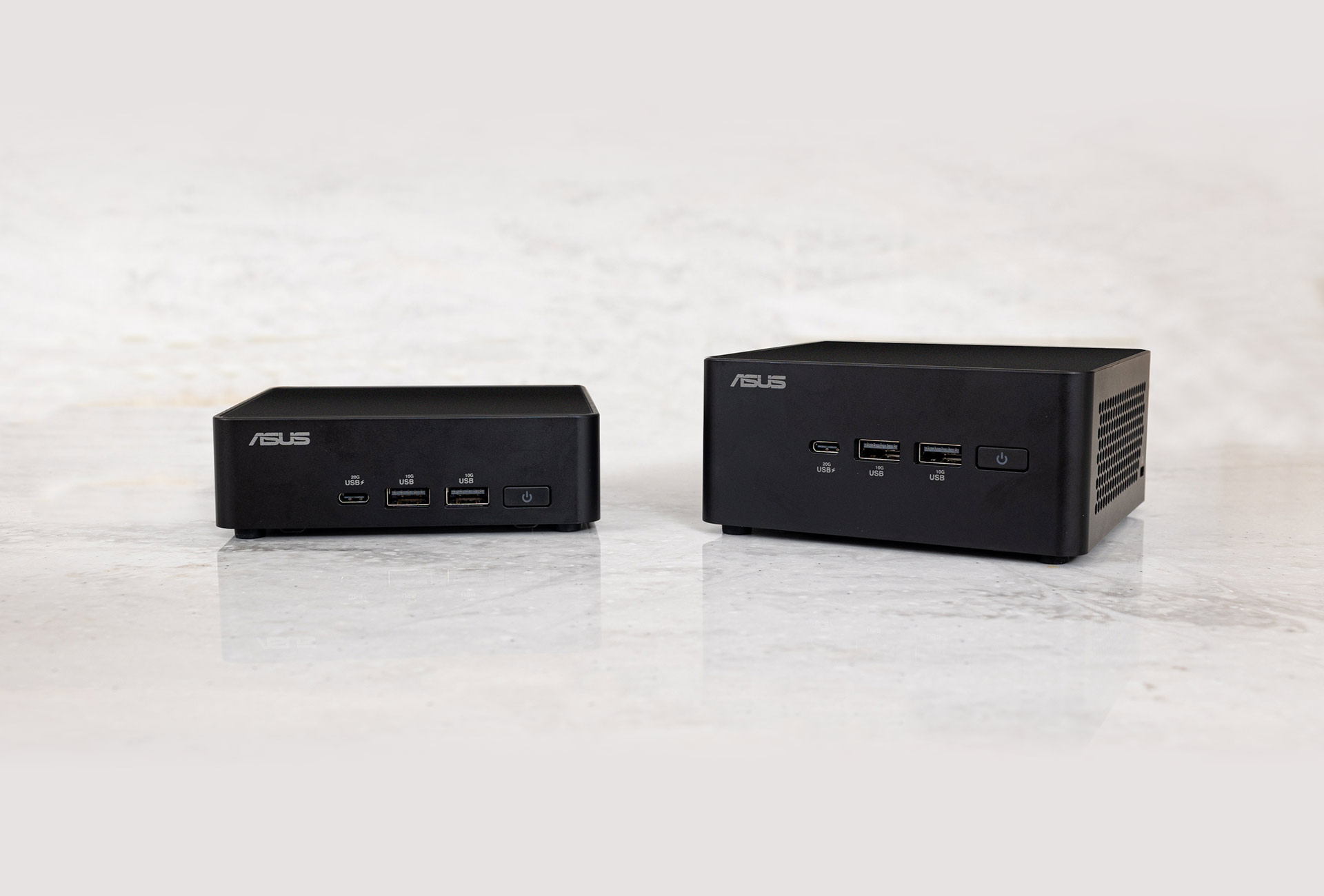 ASUS NUC 14 Pro product photos showing front views of slim and tall versions