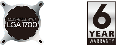 Compatible with LGA 1700, Cooled by Asetek, 6 YEAR WARRANTY logos