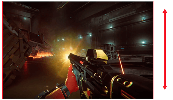 Scène d'un jeu FPS montrant un scintillement à l'écran lorsque l'arme fait feu