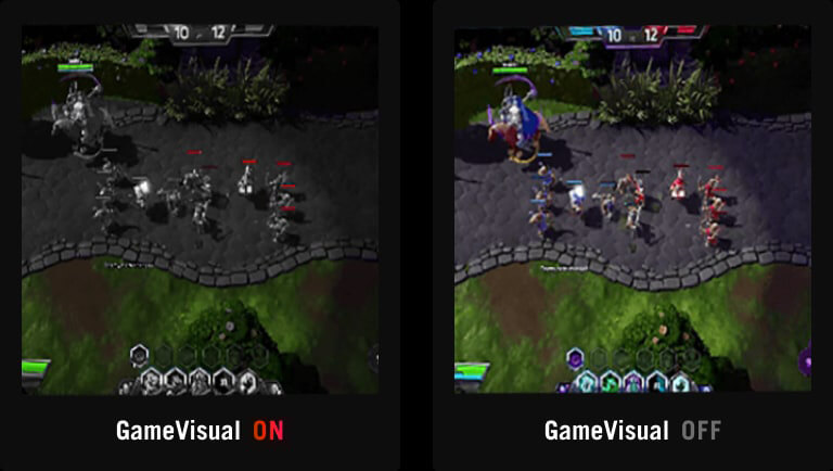 Capture d'écran d'un jeu MOBA, avec seulement la barre de santé de l'adversaire en couleur, et les autres éléments à l'écran en noir et blanc. / Capture d'écran d'un jeu MOBA