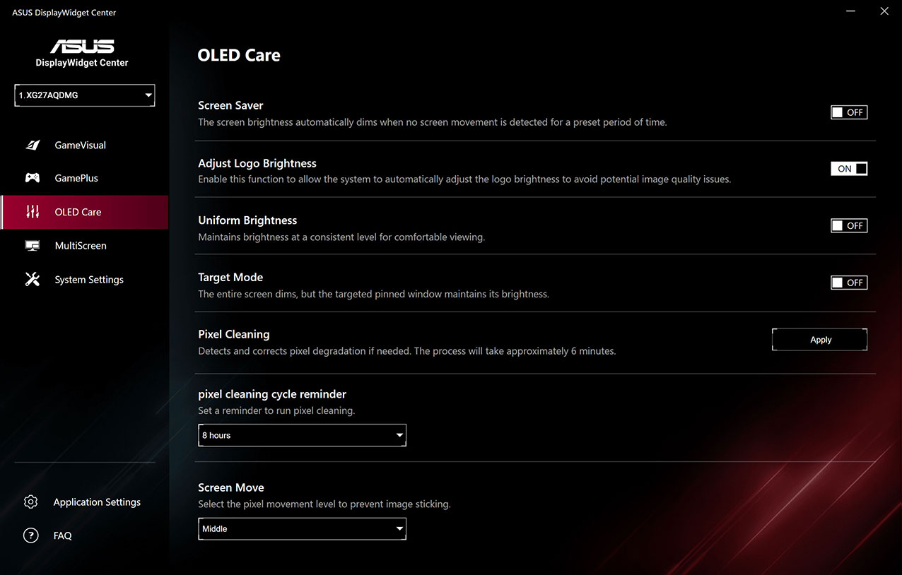 ASUS DisplayWidget Center UI showing screen protection features such as the screen saver, pixel cleaning, and screen move.