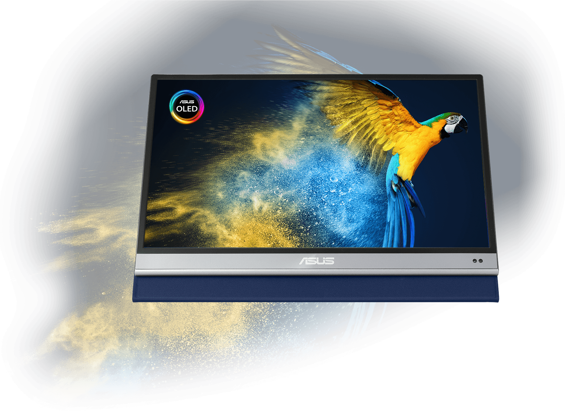Le ZenScreen OLED MQ13AH avec un visuel d'un perroquet pour présenter les performances de couleurs réalistes de l'écran