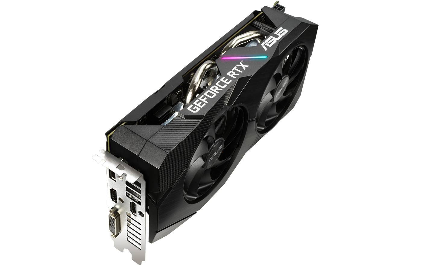 Beleuchteter Streifen auf der Oberseite der ASUS Dual GeForce RTX 2060 EVO Grafikkarte.