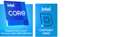 Core i9 processor icon​ , Intel H610 Chipset icon​ , Windows 11 icon