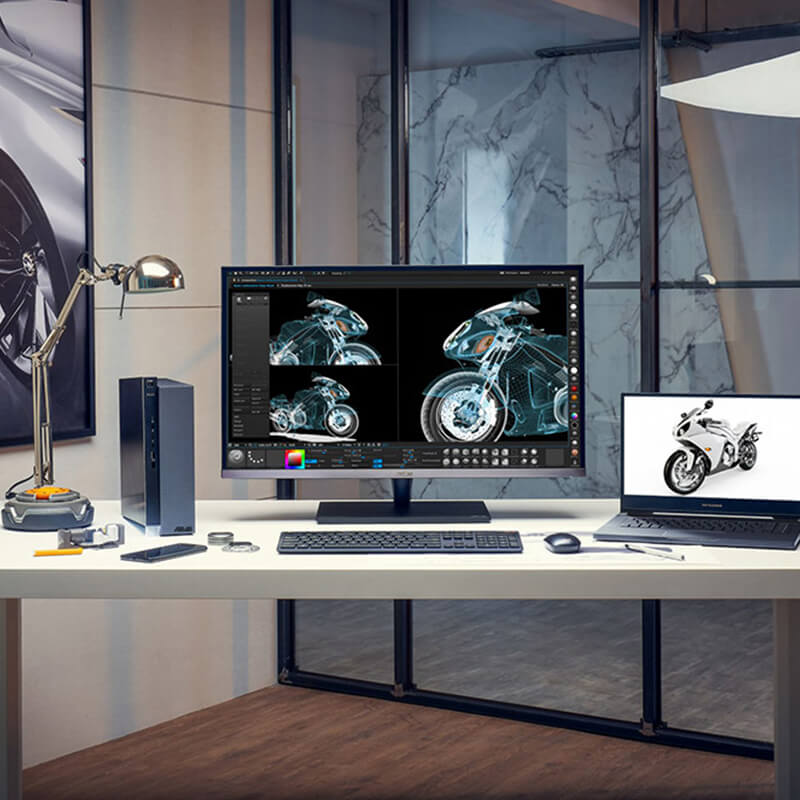 ASUS ProArt Studiobook creator laptop and ProArt Station desktop for creators  with ProArt monitor used in a product designer’s office to design a motorcycle