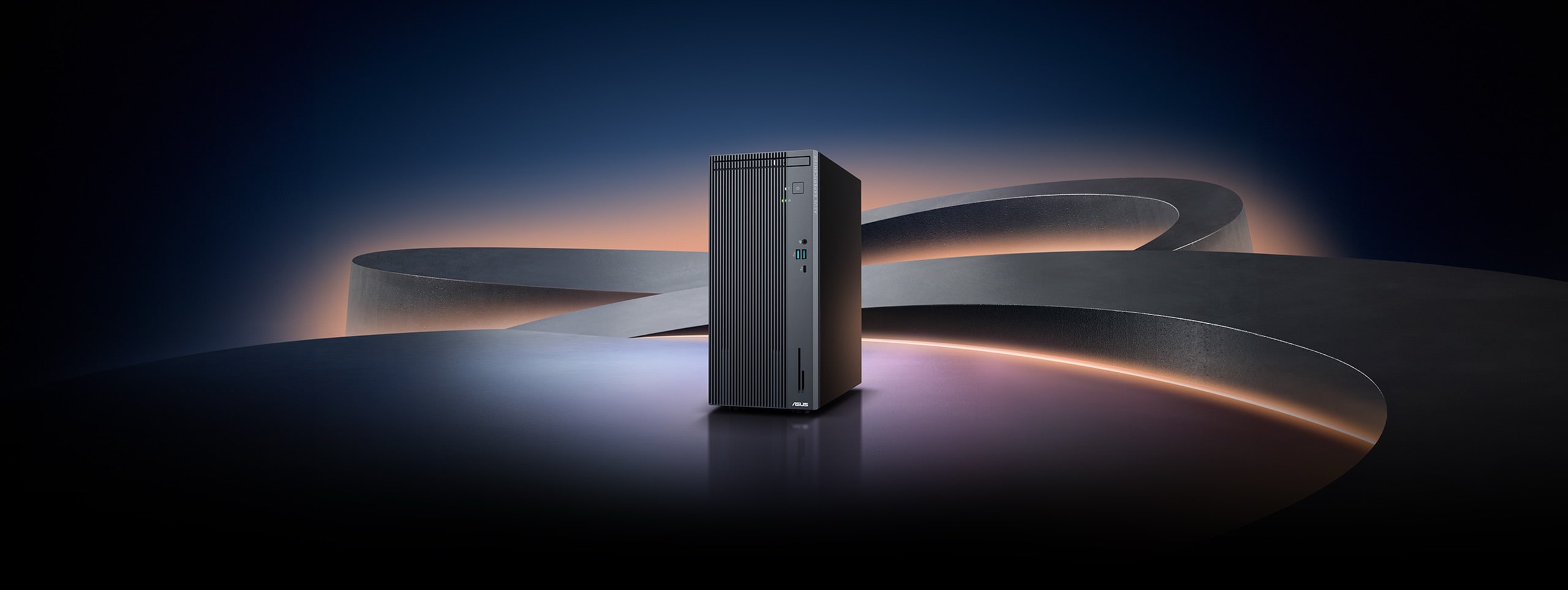 ASUS ExpertCenter P700 Mini Tower (PM700MK) stands in a futuristic, dark architectural environment with flowing curves and ambient orange and purple lights.