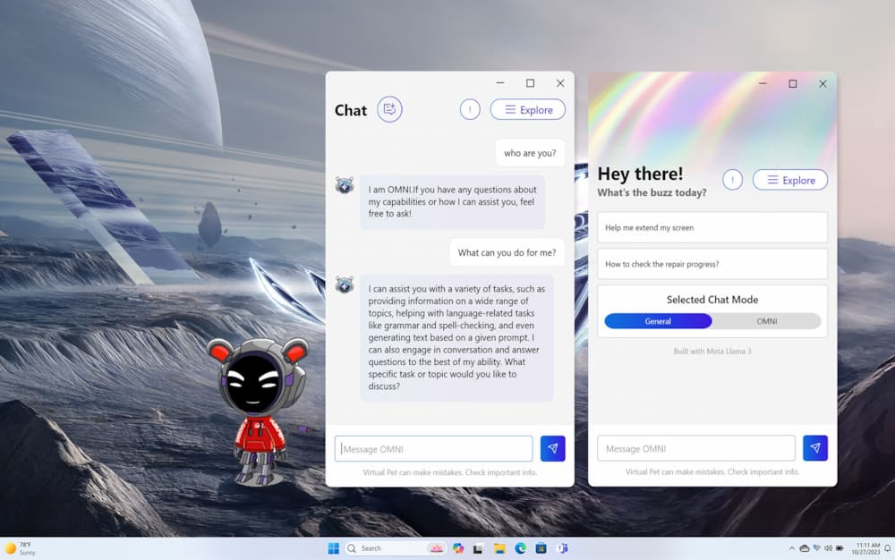 A screenshot of the Windows desktop, with the virtual assistant OMNI on screen with chat functionality.