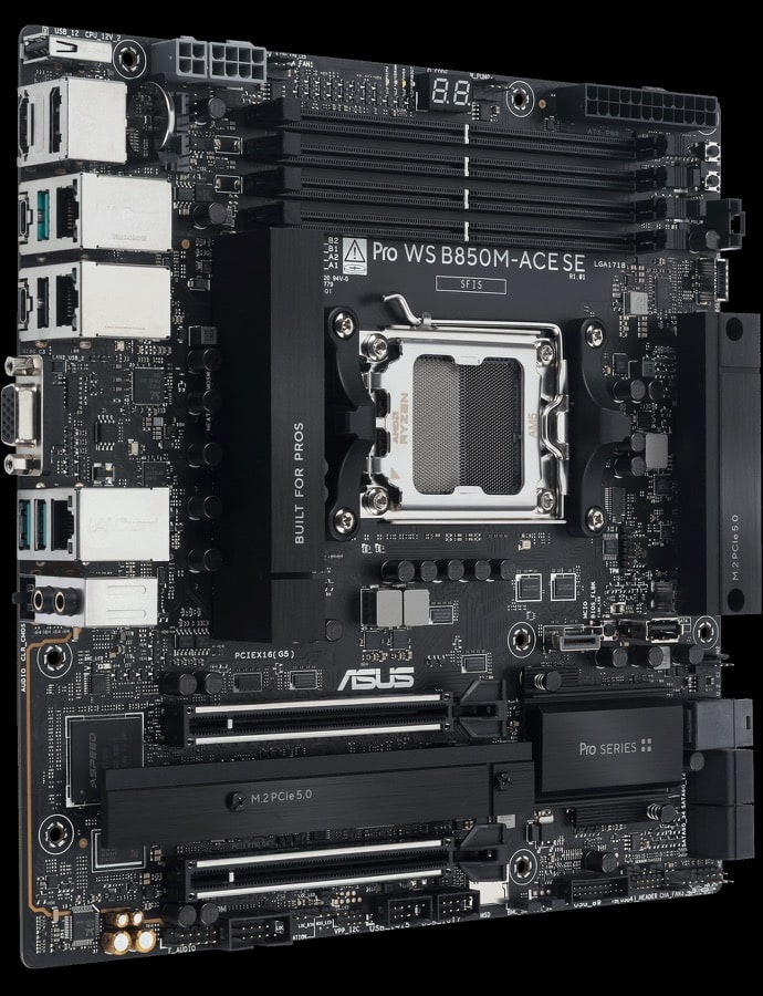 A high-angle shot of Pro WS B850M-ACE SE motherboard; 25 degrees tilted towards right.