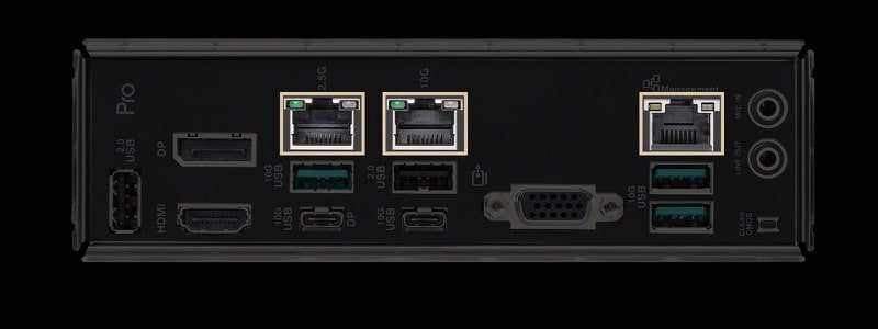 Highlight onboard dual Ethernet ports, one 10Gb LAN and one 2.5Gb LAN. Also, one 1Gb Ethernet port dedicated to BMC and IPMI management