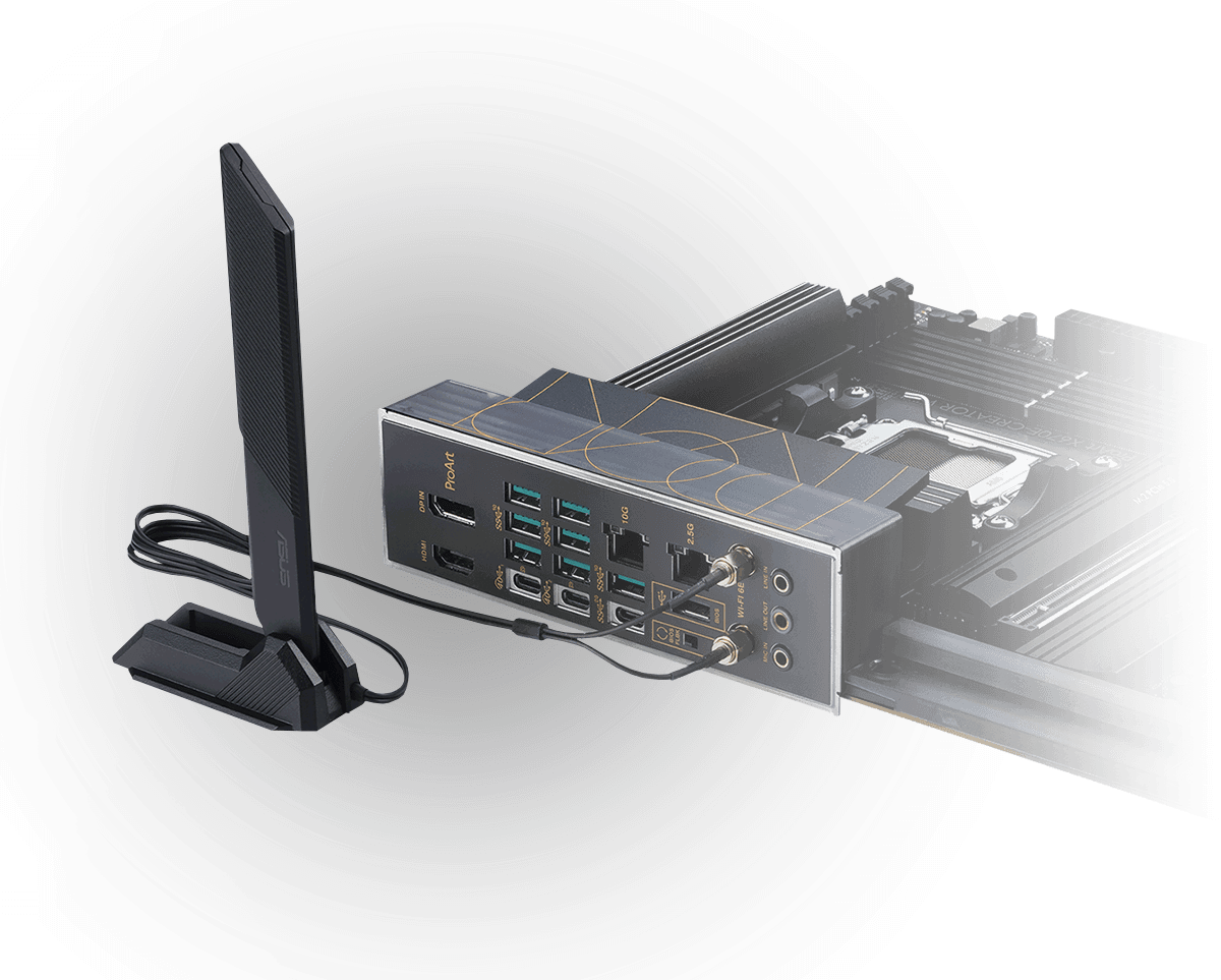 Das ProArt X670E-Creator WiFi verfügt über WiFi 6E, sowie 10 Gb und 2,5 Gb Ethernet. 