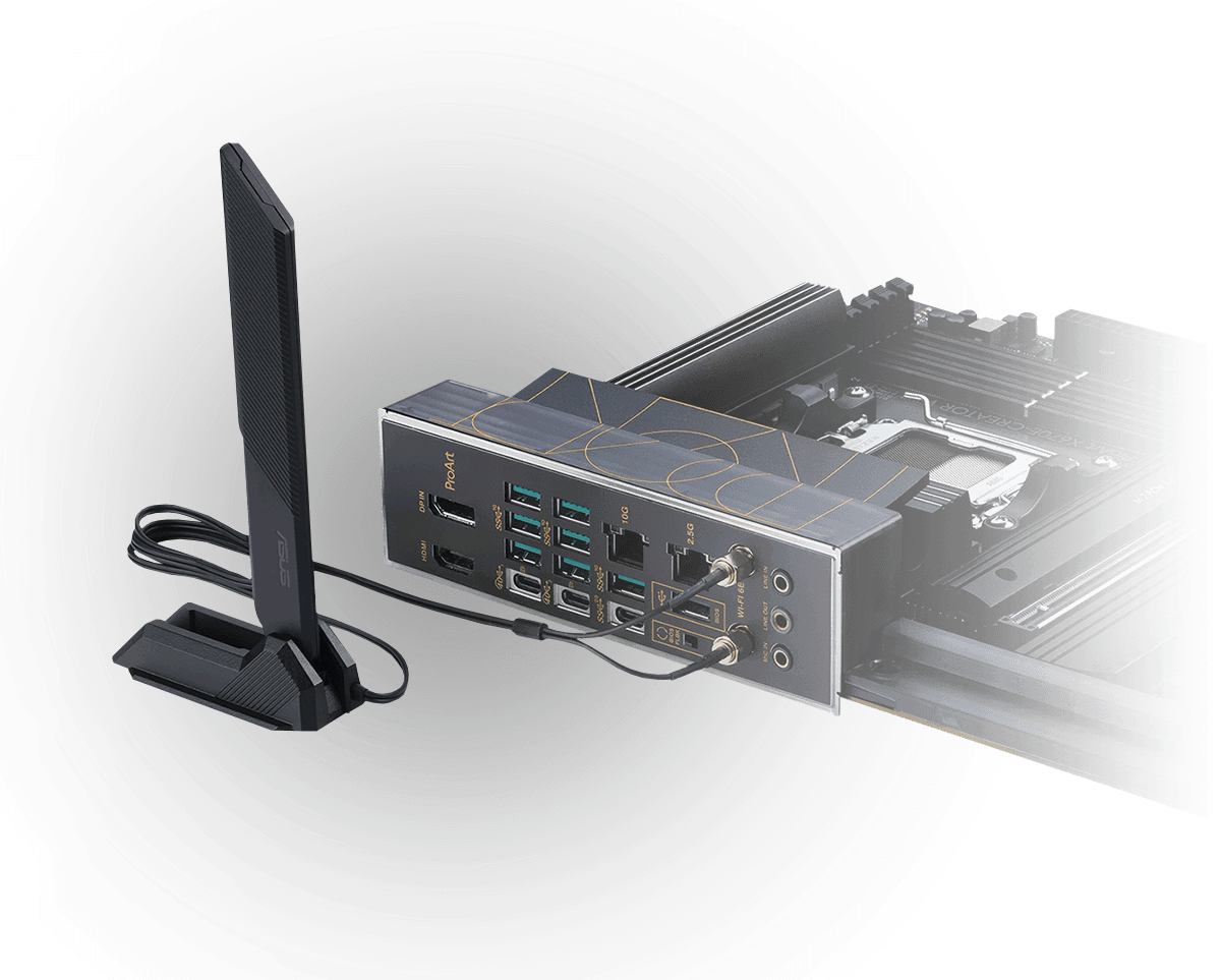 Le ProArt X670E-Creator WiFi est équipé du WiFi 6E, ainsi que d'Ethernet 10 Gb et 2,5 Gb. 