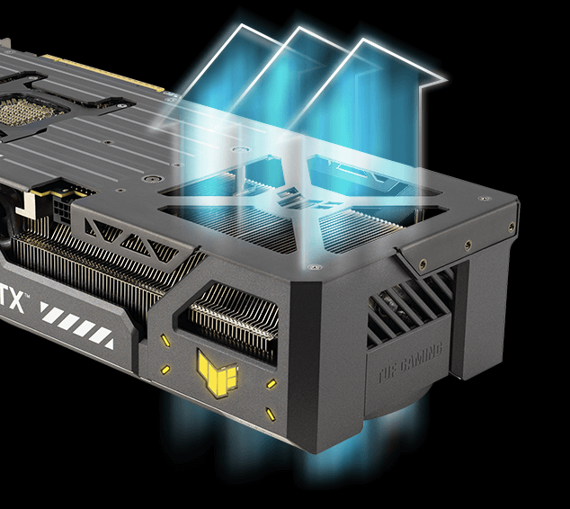 Graphic depicting how airflow passes through the vented exoskeleton of the TUF Gaming RTX 5090