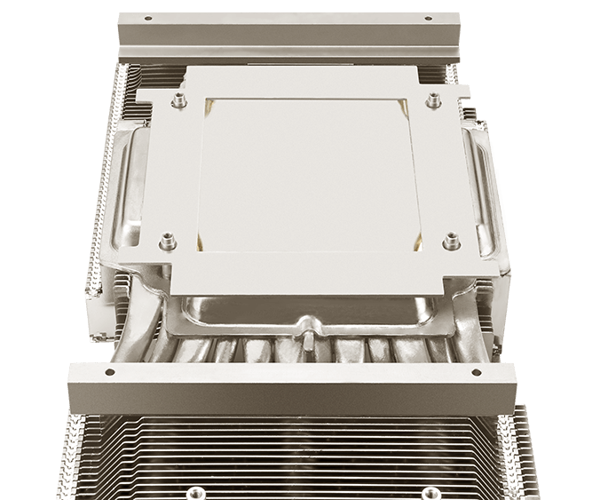 Angled view of a thermal module with heat pipes and vapor chamber