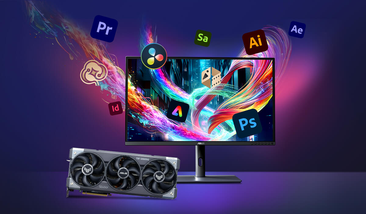 Monitor and TUF Gaming GeForce RTX 5090 graphics card on a desk, with Adobe product logos floating around the monitor