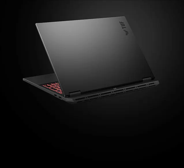 A view of the bottom of the TUF Gaming A16, with a clear view of the air intakes.