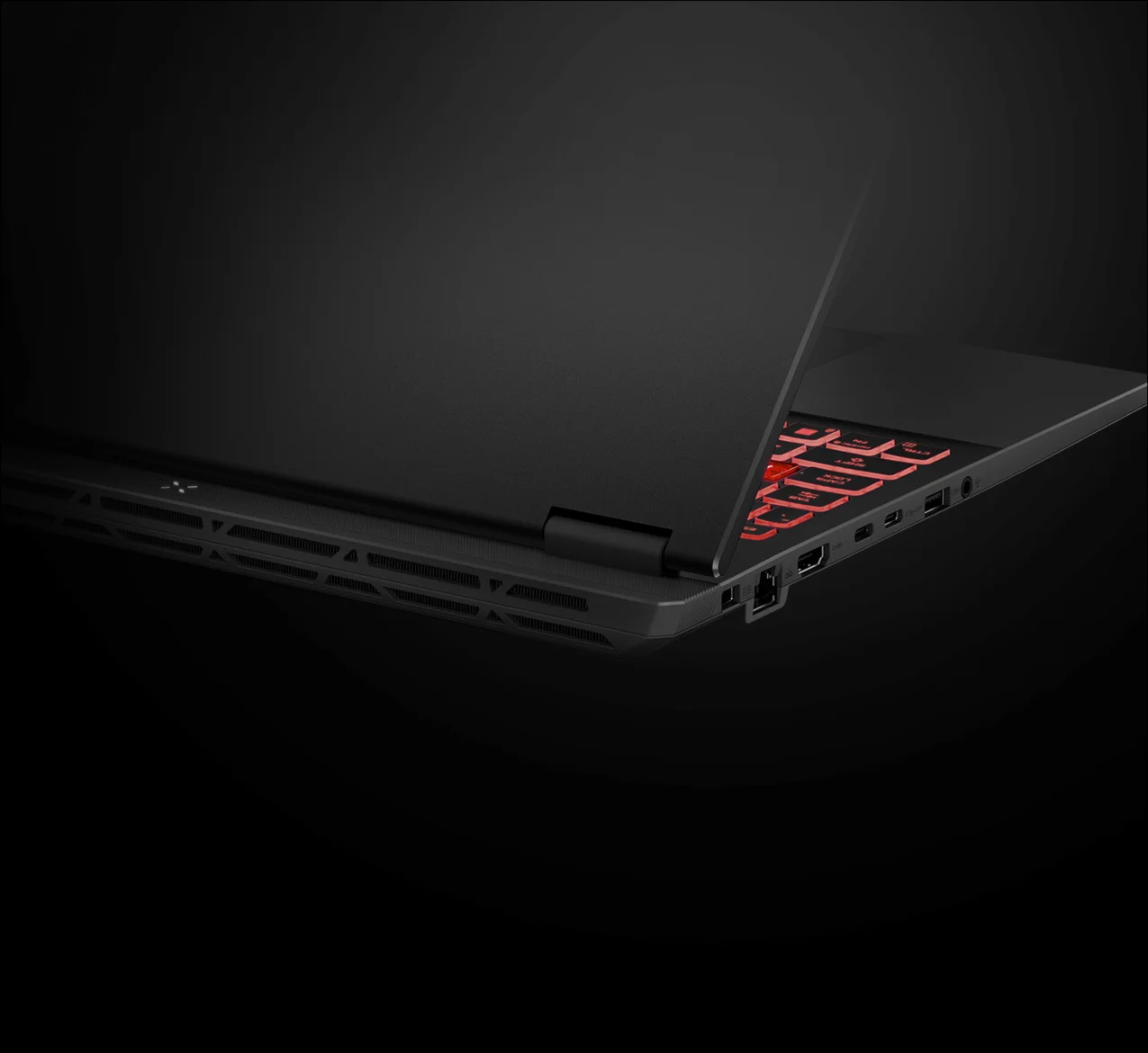 A view of the rear of the TUF Gaming A16. With emphasis on the exhaust vents under the lid hinge.