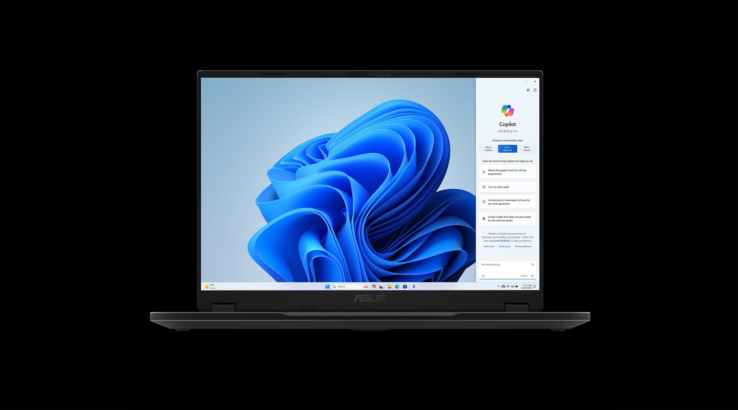 A person wearing a backpack and holding the TUF Gaming A14 in their left hand.