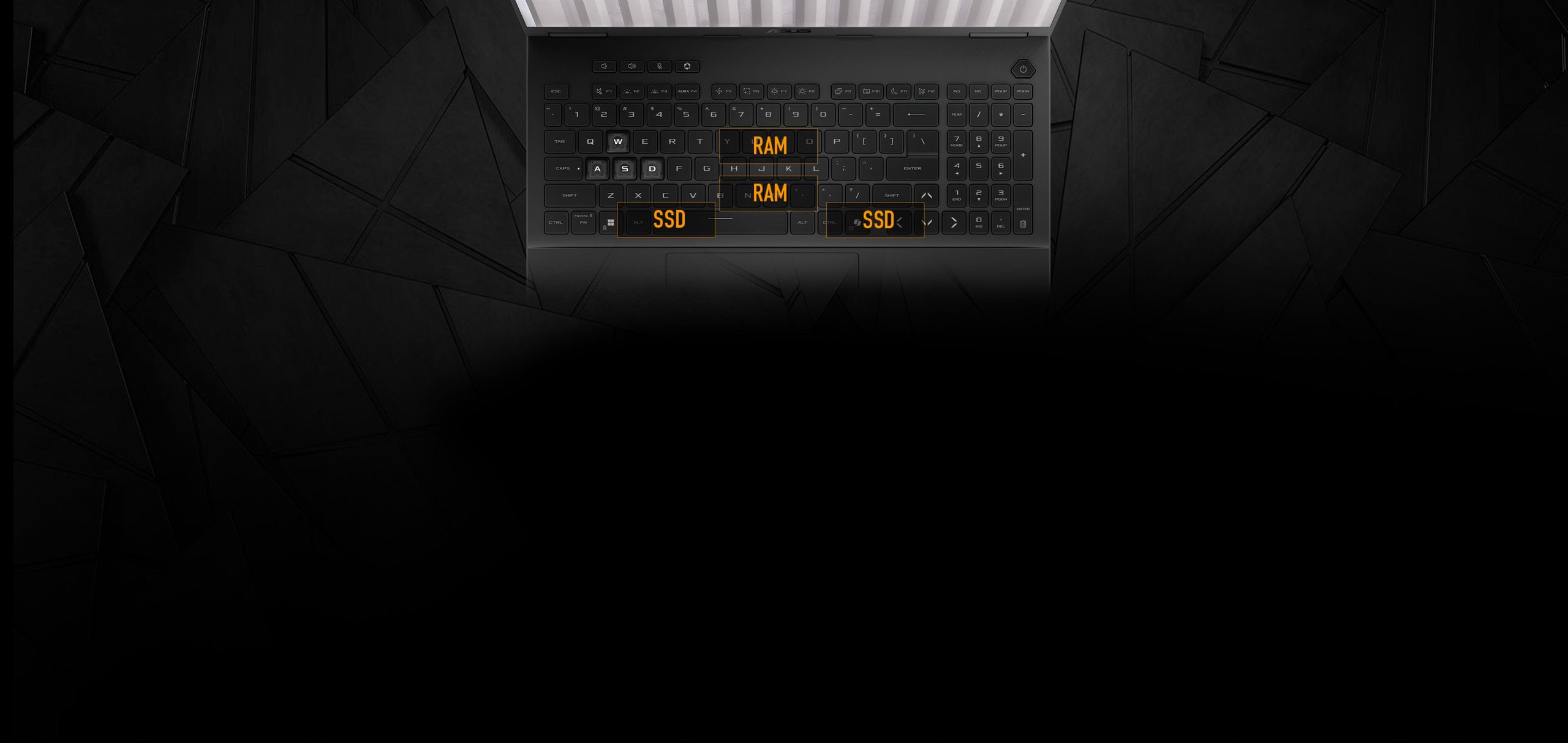 A person wearing a backpack and holding the TUF Gaming A14 in their left hand.