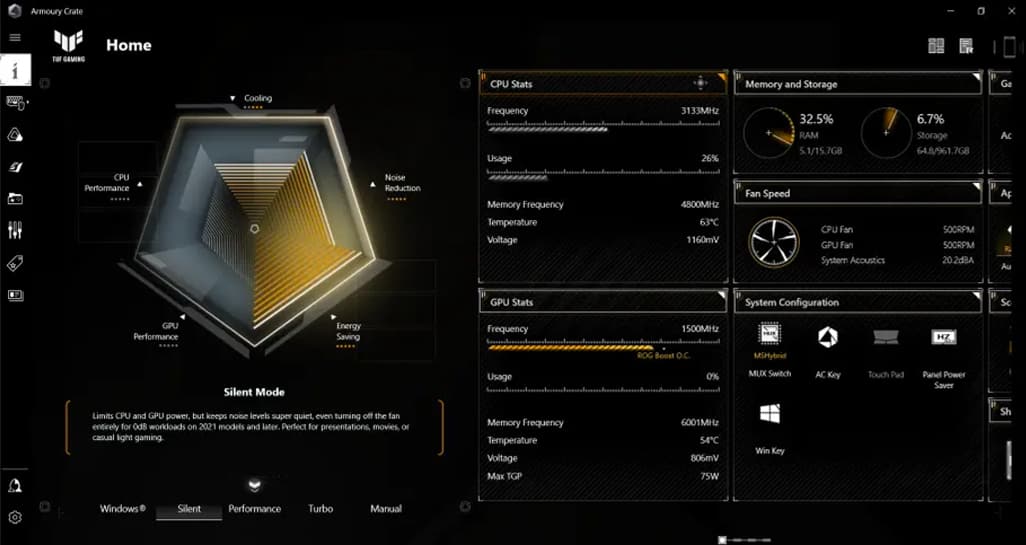 A screenshot of the TUF Gaming background for the Armoury Crate control software.