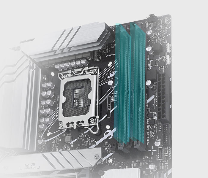 The PRIME Z790-P comes along with ASUS Enhanced Memory Profile II (AEMP II) to train your memory kit and optimize clock speed to unleash DDR5 performance. Bar chart intro AEMP II profiles that offer up to 37.5% faster RAM speeds than baseline DDR5 specs.