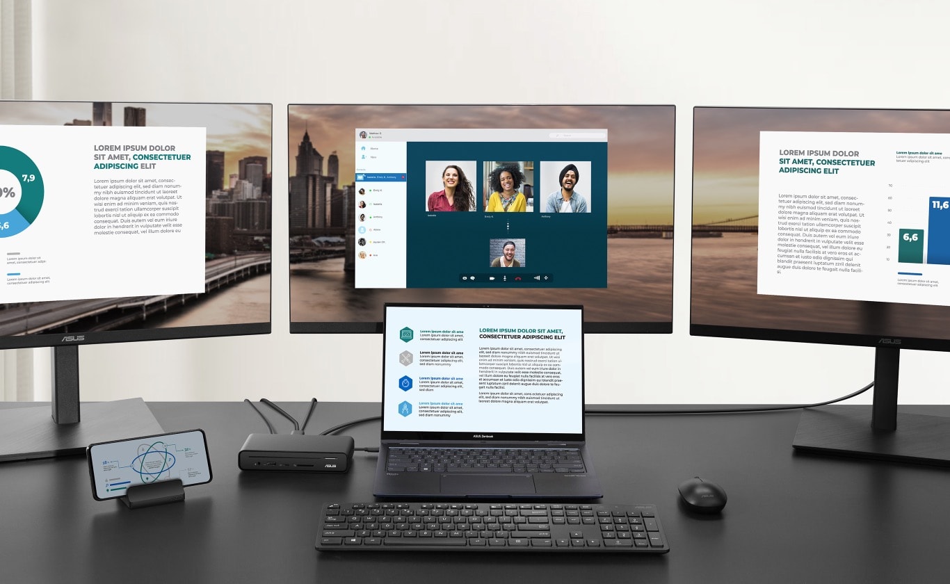One dock connecting to three external monitors.