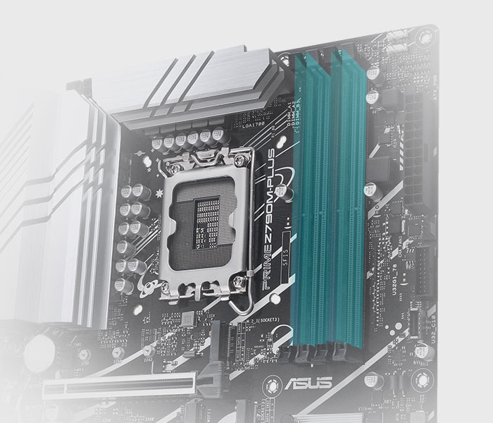 The PRIME Z790M-PLUS-CSM comes along with ASUS Enhanced Memory Profile II (AEMP II) to train your memory kit and optimize clock speed to unleash DDR5 performance. Bar chart intro AEMP II profiles that offer up to 37.5% faster RAM speeds than baseline DDR5 specs.