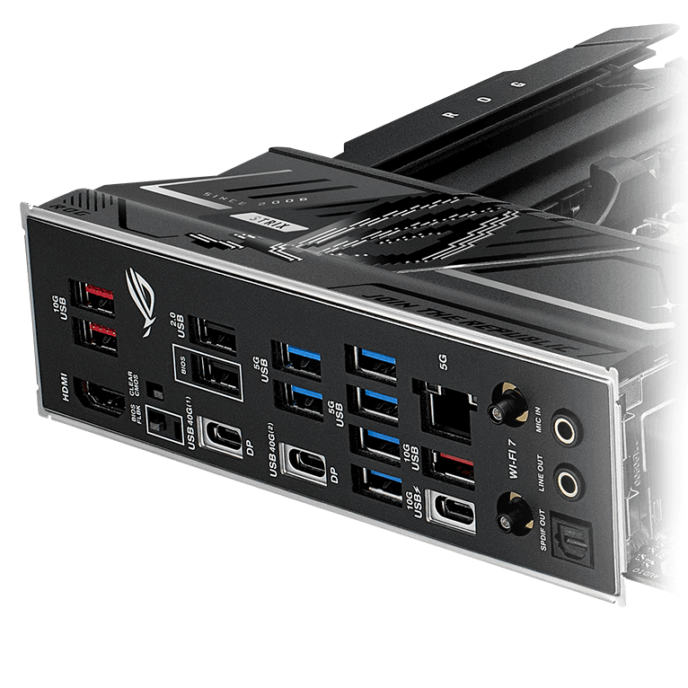 The Strix X870E-H features a USB 10Gbps rear I/O port with 30W charging.
