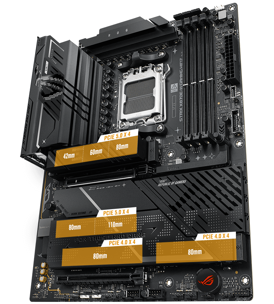 The Strix X870E-H PCIe 5.0 M.2 and expansion slot layout